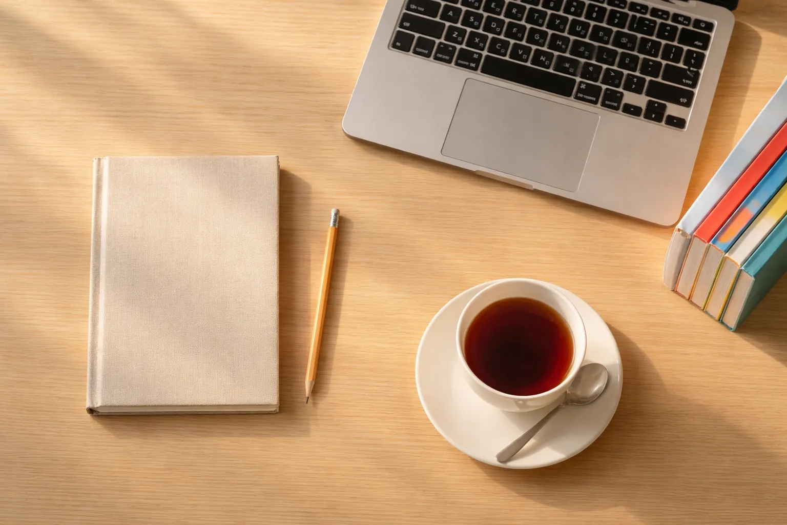Cahier fermé, clavier, manuels et tasse de thé sur une table en chêne.