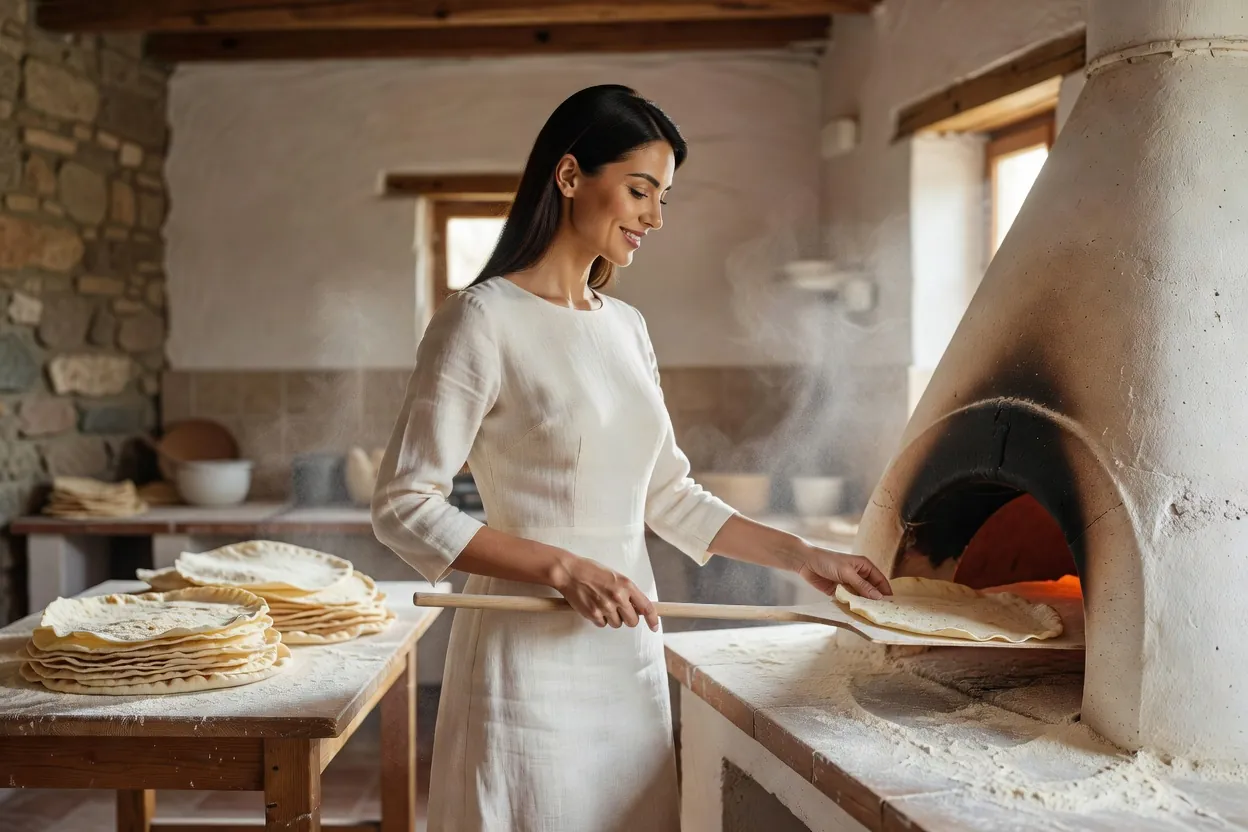 Une femme retirant un pain lavash très fin d'un four d'argile conique dans une cuisine rustique