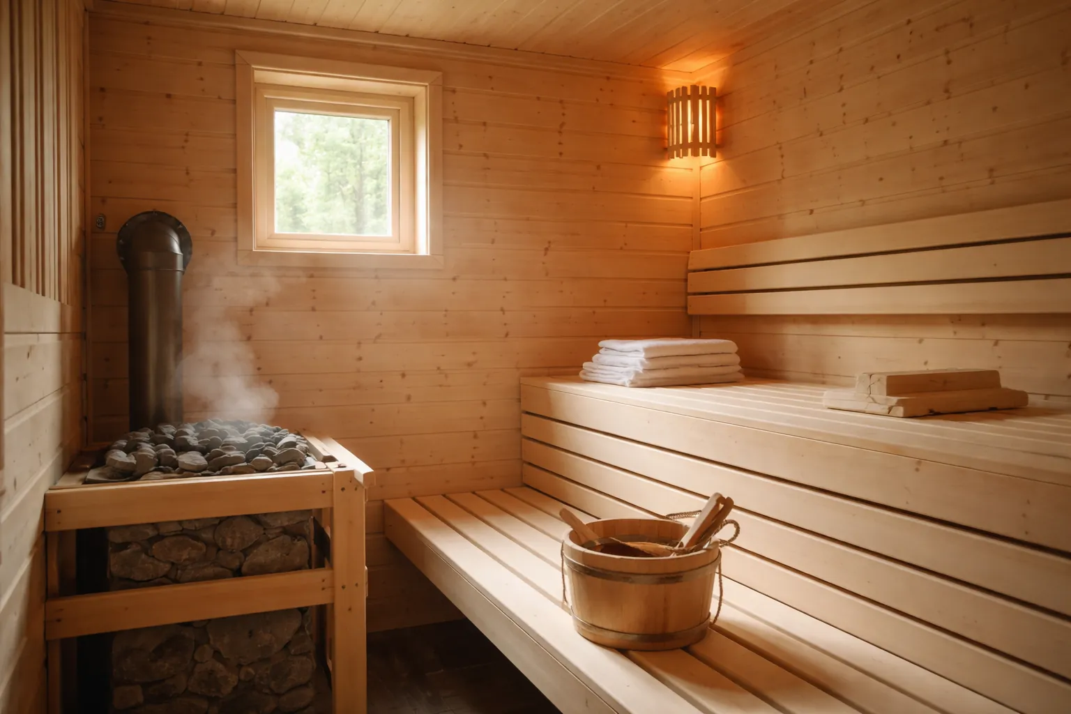 Intérieur d'un sauna finlandais en bois clair avec poêle à pierres, seau et louche