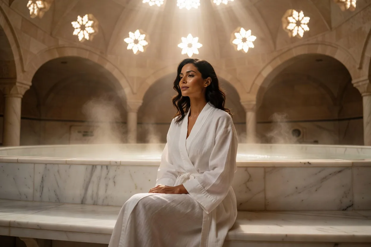 Une femme élégante se repose sur un banc de marbre dans un hammam sous une voûte percée de lucarnes