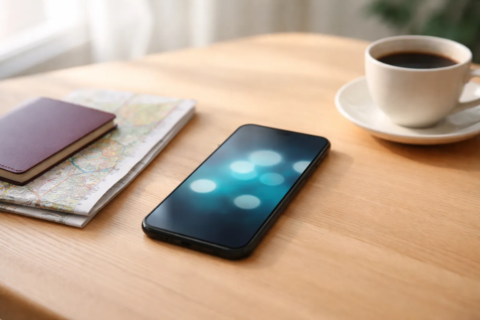 Un téléphone posé sur une table en bois près d'un passeport, d'une carte pliée et d'une tasse de café
