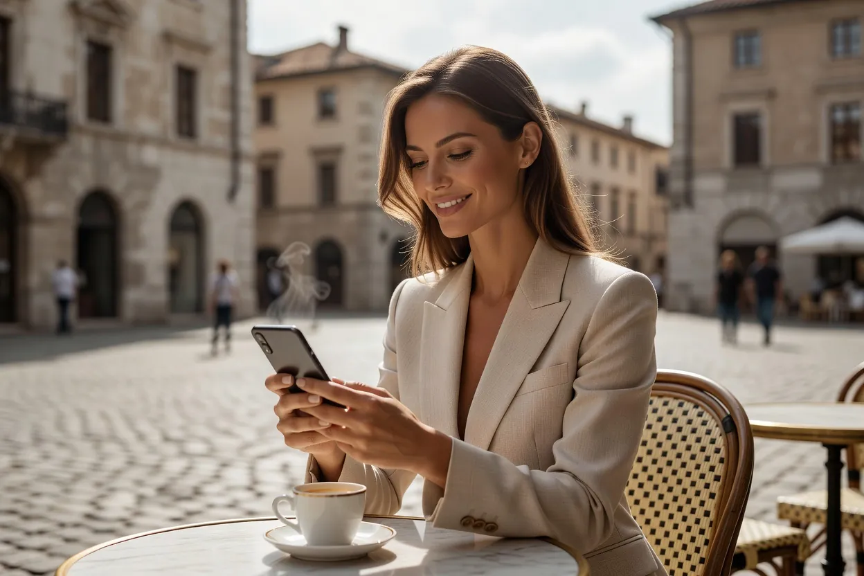 Une femme élégante à une terrasse de café sur une place européenne, souriante devant son téléphone