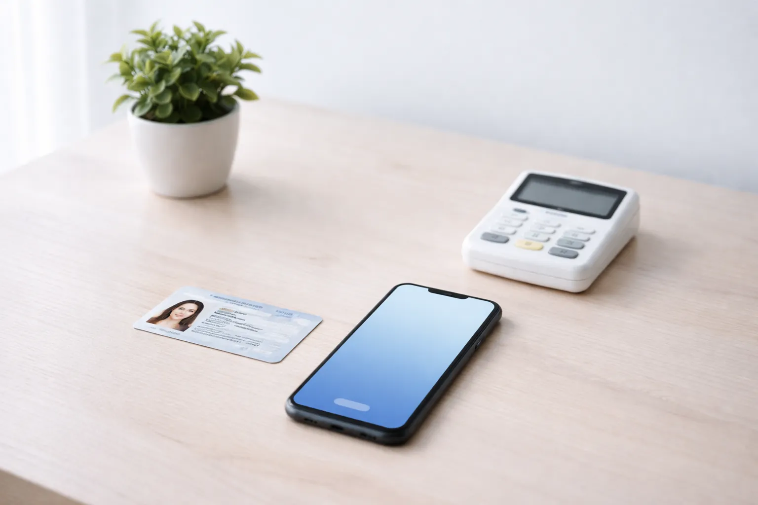Une carte d'identité, un téléphone et un lecteur de carte posés sur une table en bois clair.