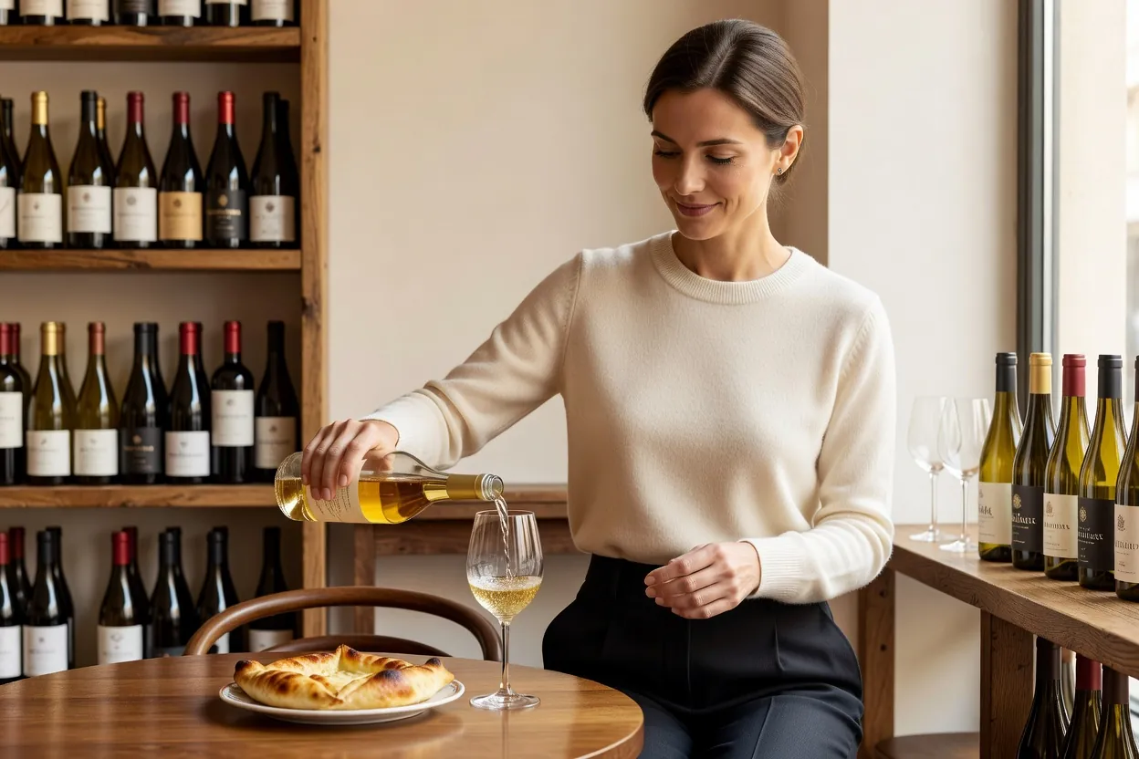 Une femme élégante sert un vin ambré dans un bar à vins, avec un pain au fromage sur la table
