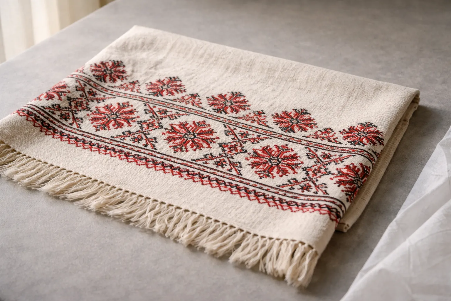 Détail d'un linge de lin ancien orné de broderies au point de croix rouges et noires.