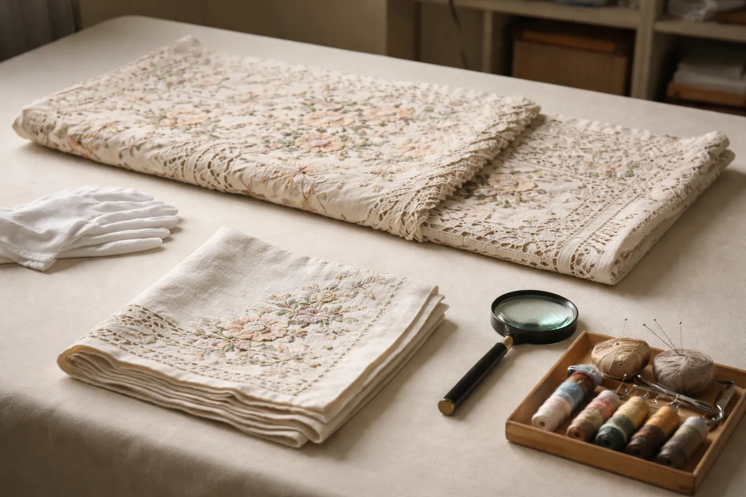 Table de conservation avec linge brodé ancien, loupe, gants de coton et fils colorés.