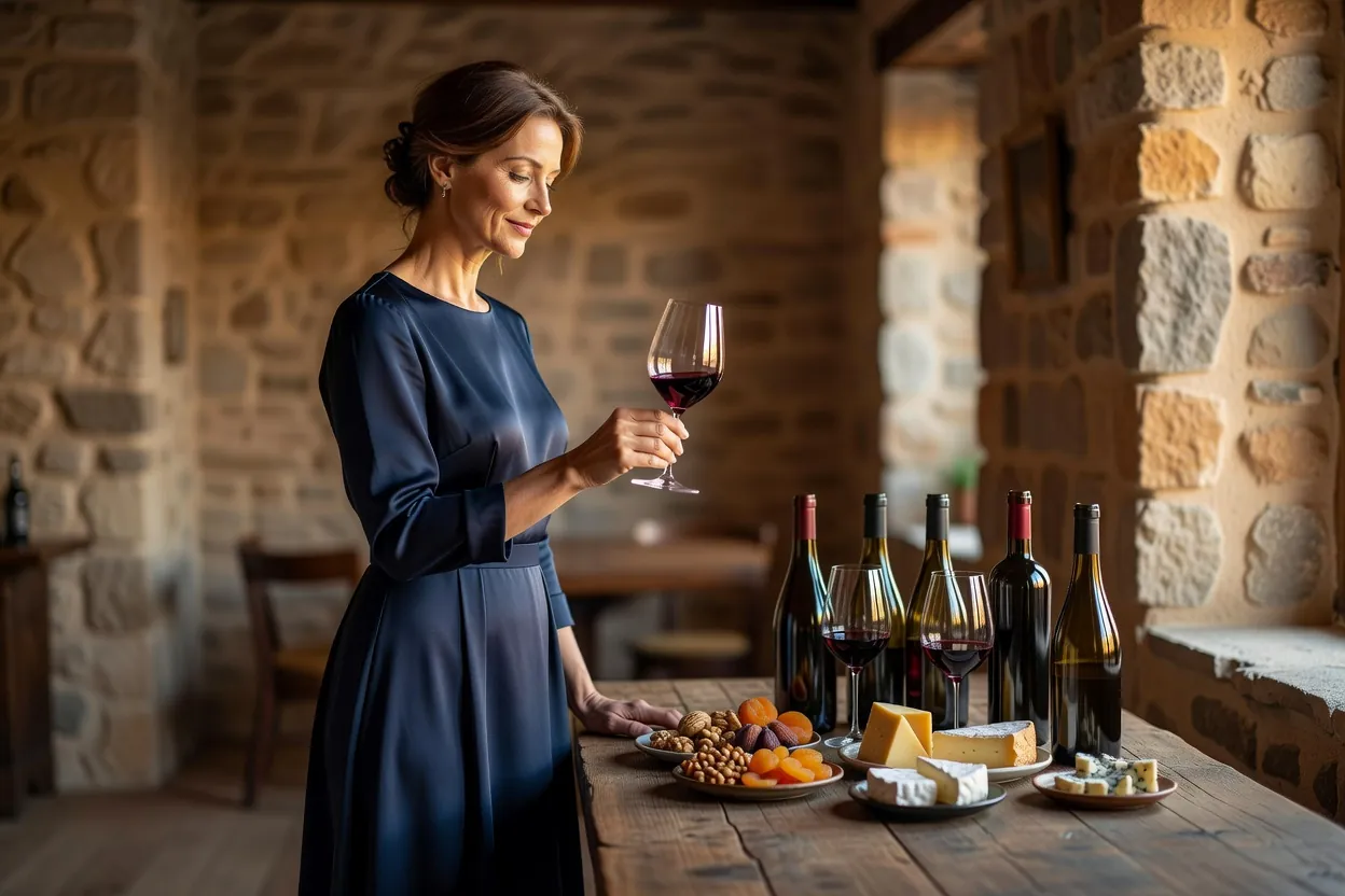 Une femme élégante fait tourner un verre de vin rouge lors d'une dégustation