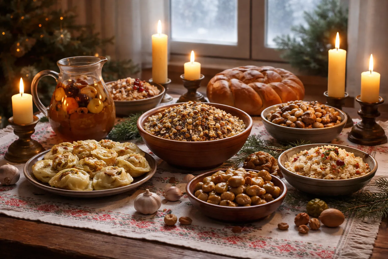 Nature morte d'un repas maigre de veillée : blé au miel, compote, champignons, haricots et pain rond sur une nappe brodée