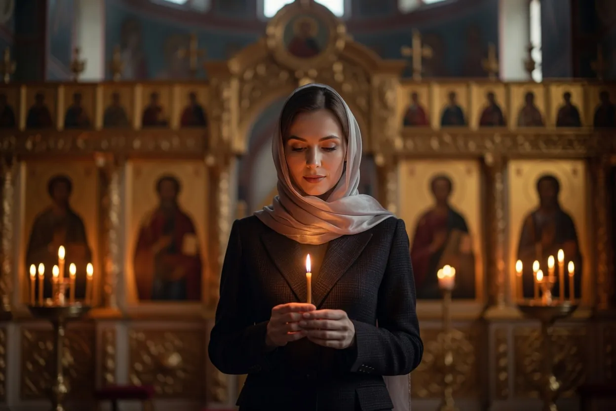 Une femme au foulard clair tient une bougie dans une église orthodoxe, devant des icônes dorées