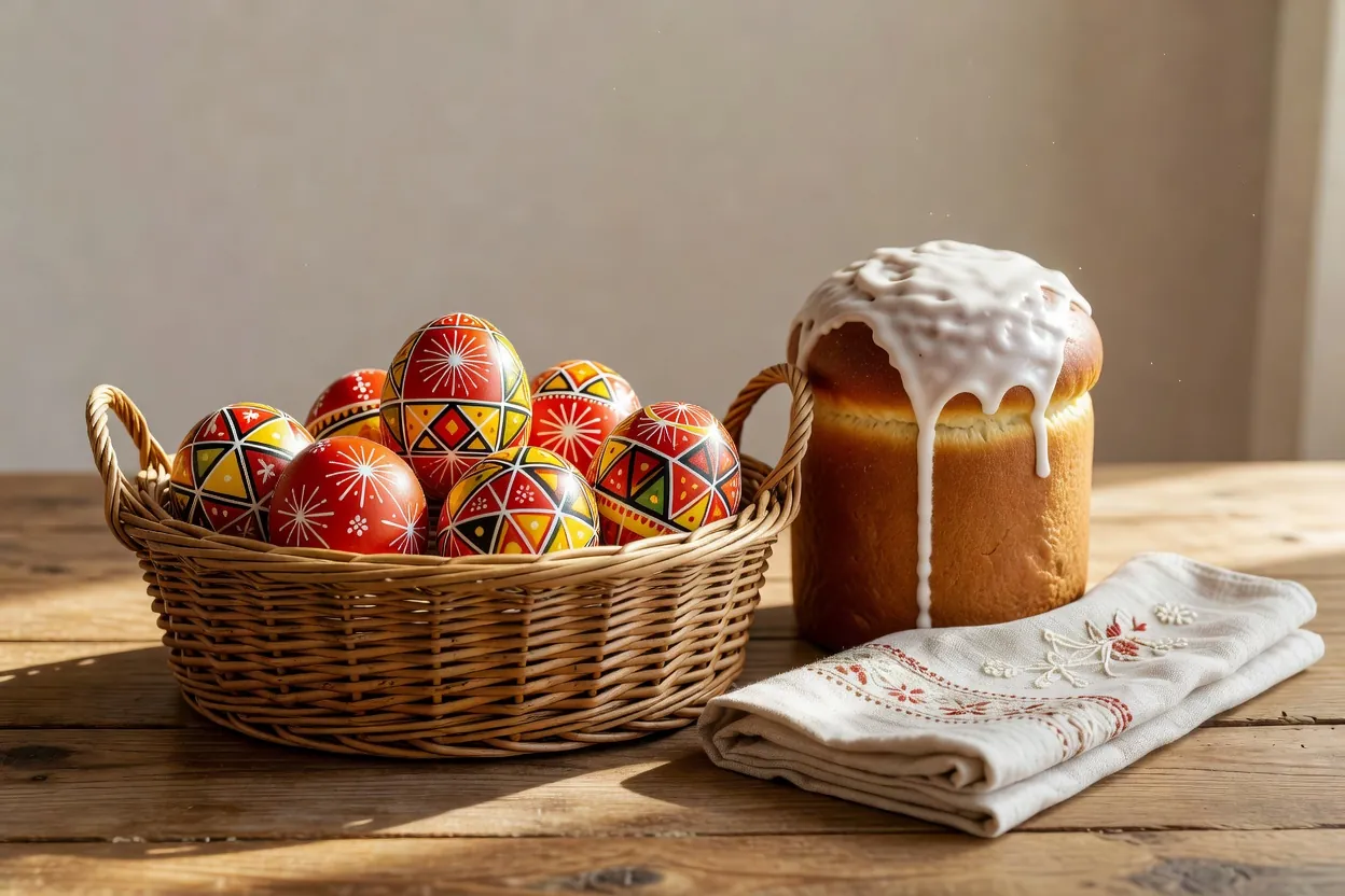 Panier d'œufs de Pâques à motifs géométriques près d'un pain de fête glacé et d'une serviette brodée