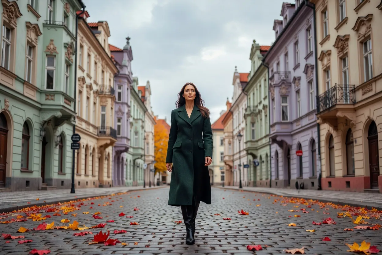 Une femme élégante marchant dans une rue pavée bordée de façades Art nouveau à Vinohrady