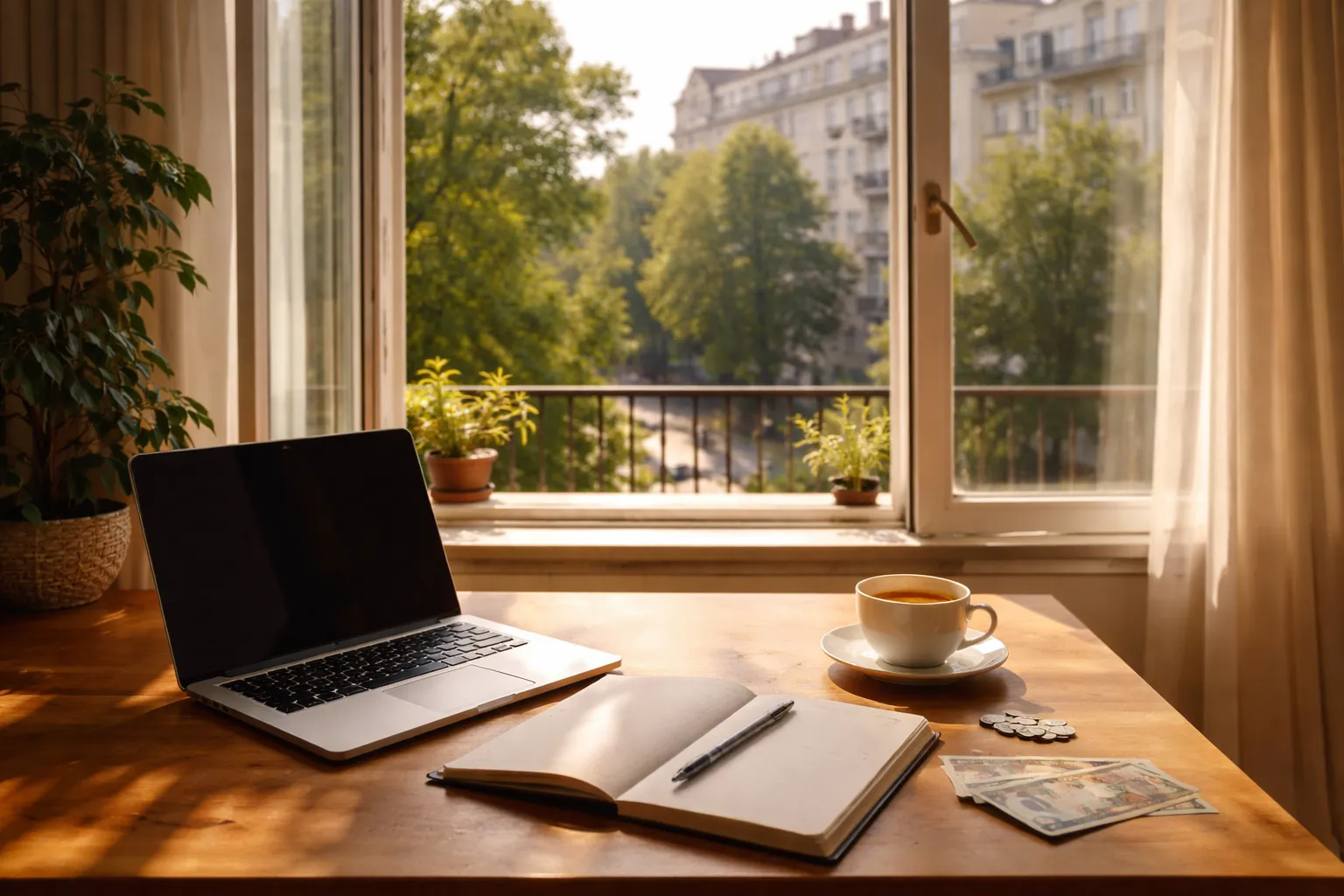 Table de travail dans un appartement lumineux de Varsovie, avec ordinateur, carnet et monnaie polonaise