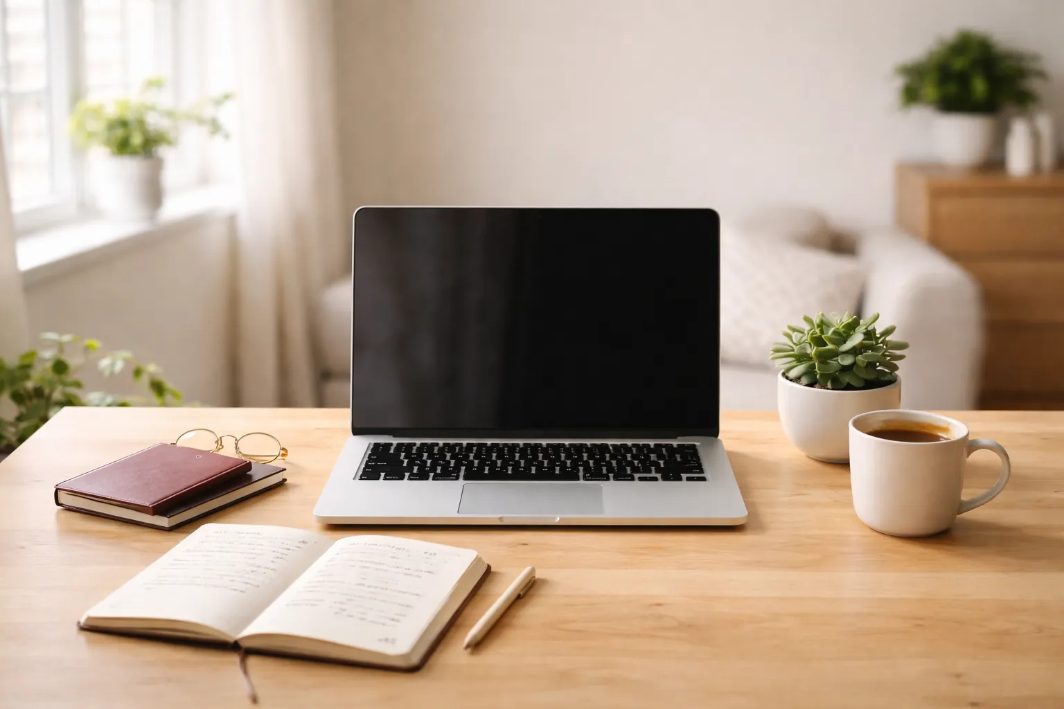 Un bureau de télétravail avec ordinateur portable, passeport, carnet de notes et tasse de café