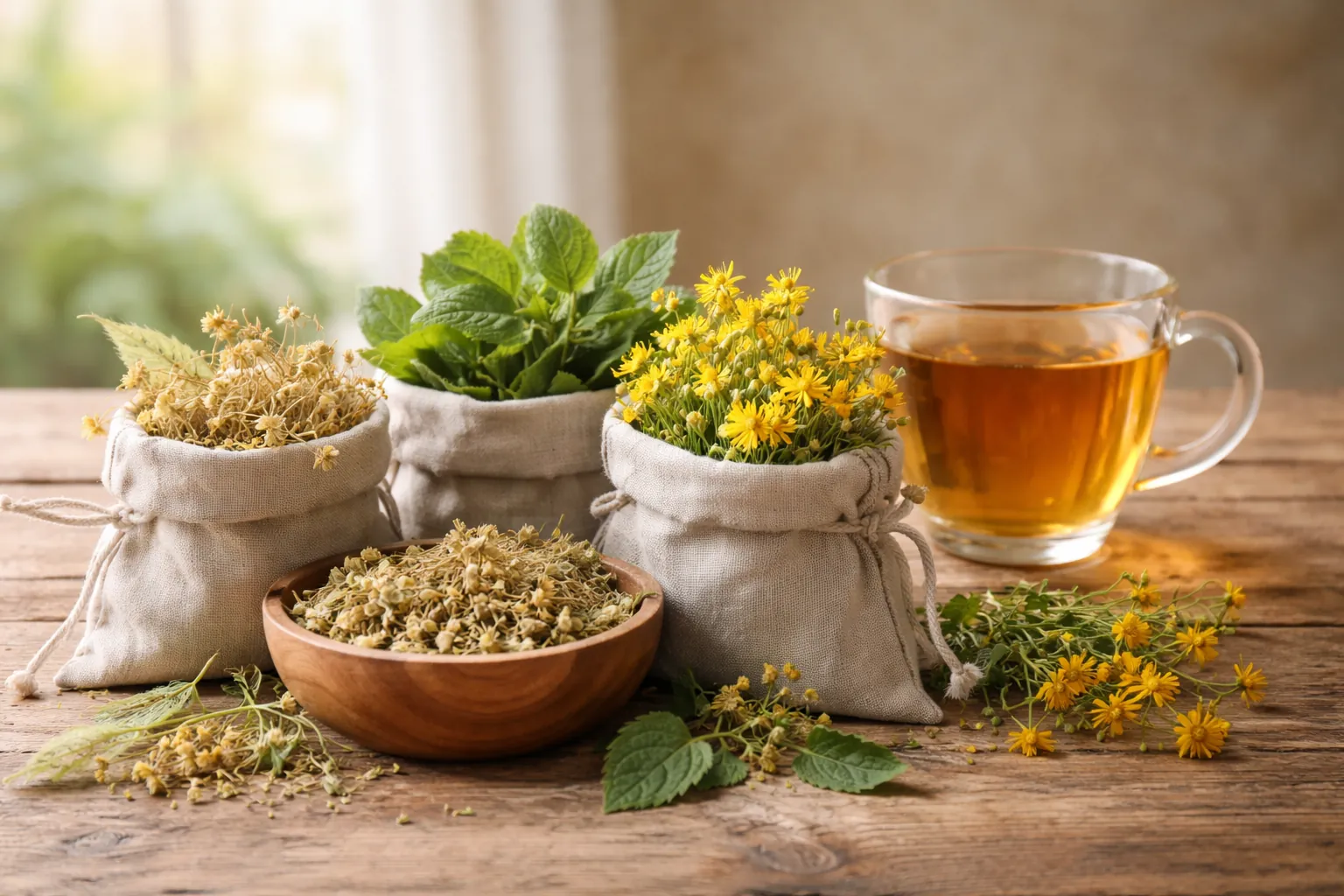 Fleurs de tilleul, feuilles de mélisse et fleurs de millepertuis séchées autour d'une tasse de tisane