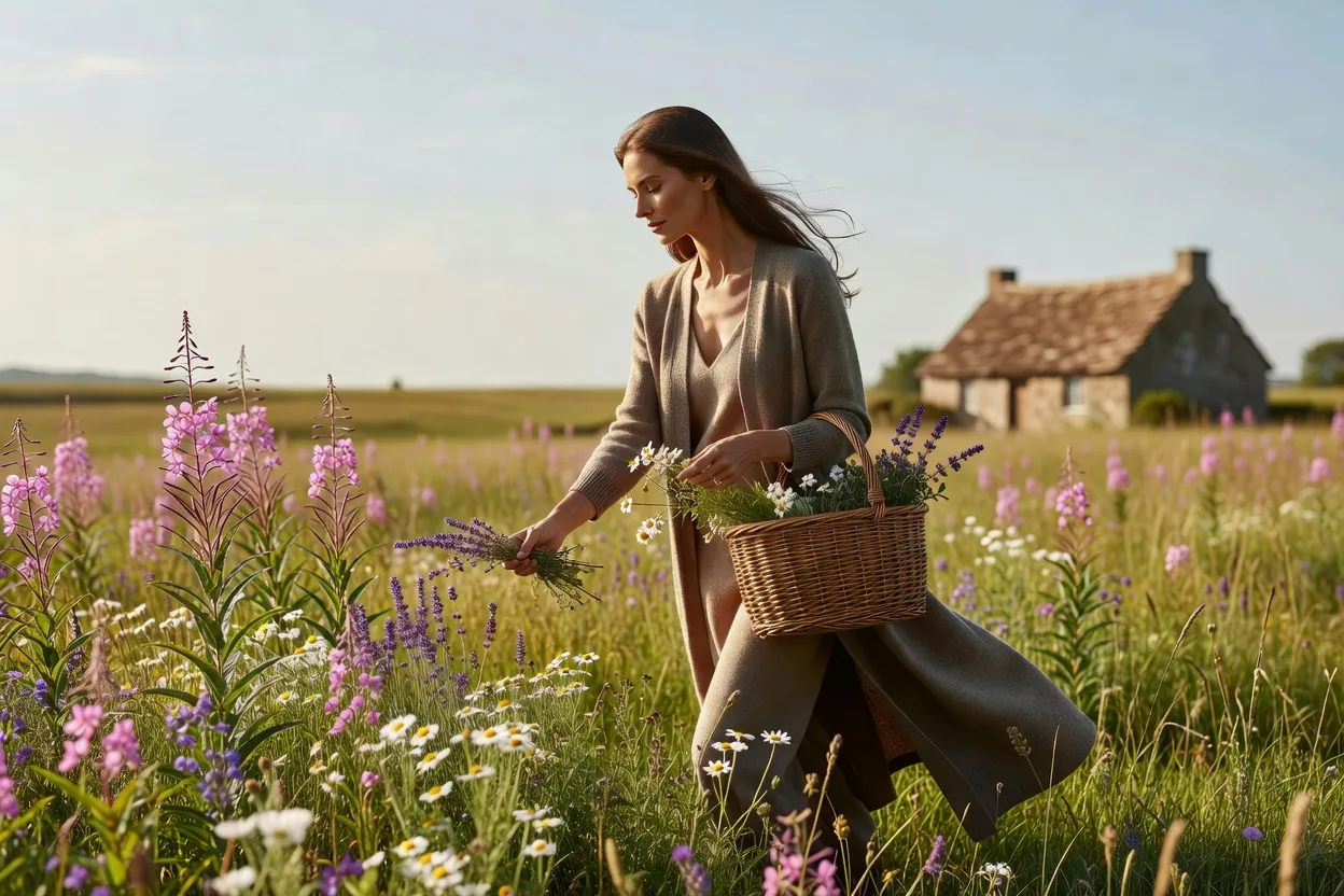 Une femme élégante cueille des herbes dans un pré fleuri, un panier en osier au bras
