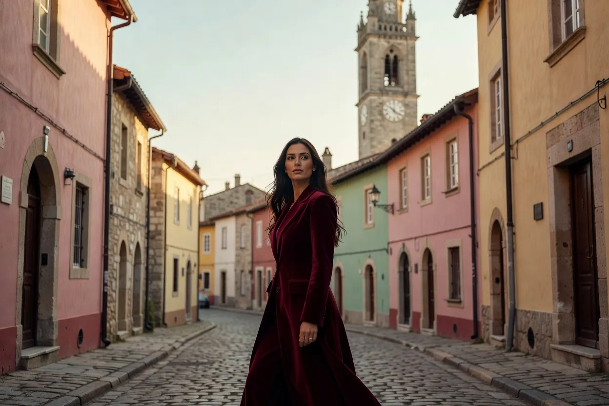 Une femme élégante gravissant une ruelle pavée entre des maisons médiévales colorées, une tour d'horloge au fond