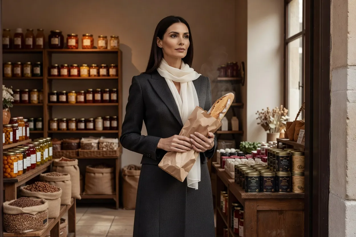 Une femme élégante dans une épicerie d'Europe de l'Est en France, un sac de pain frais à la main