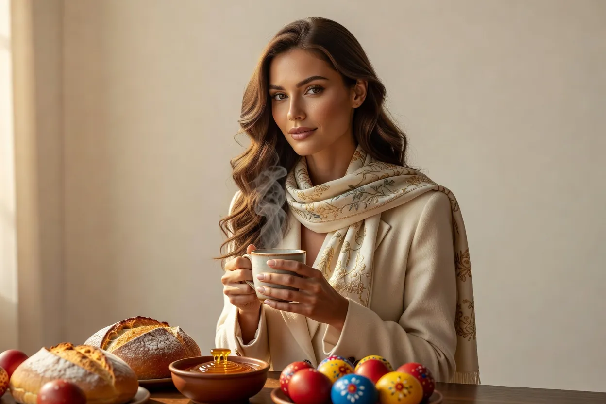 Une très belle femme élégante, en manteau de laine clair et foulard brodé, tient une tasse fumante devant une table de fête dressée de pain, de miel et d'œufs peints