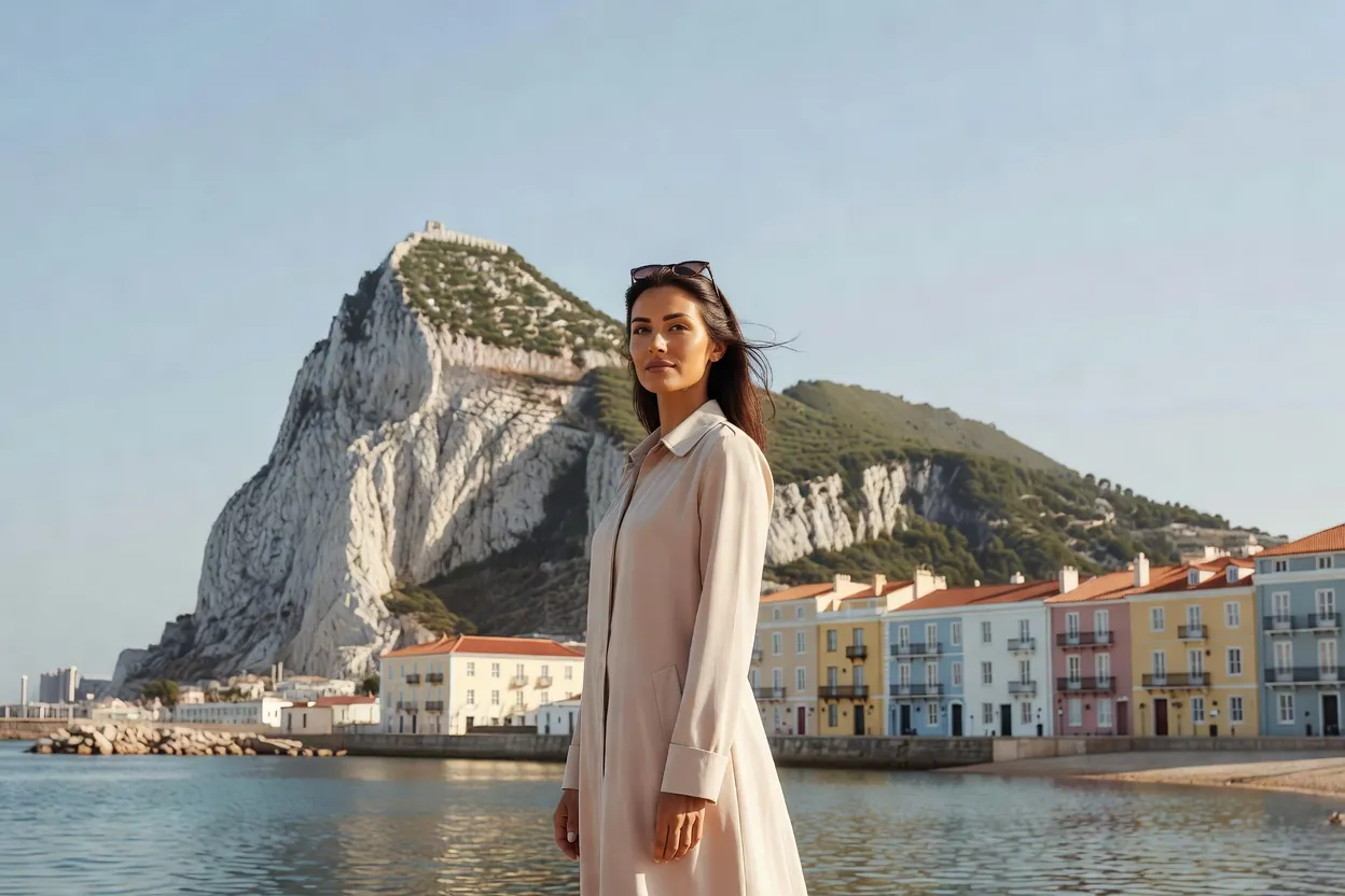 Une voyageuse élégante au bord de la baie, face au Rocher de Gibraltar et aux façades colorées de la ville.