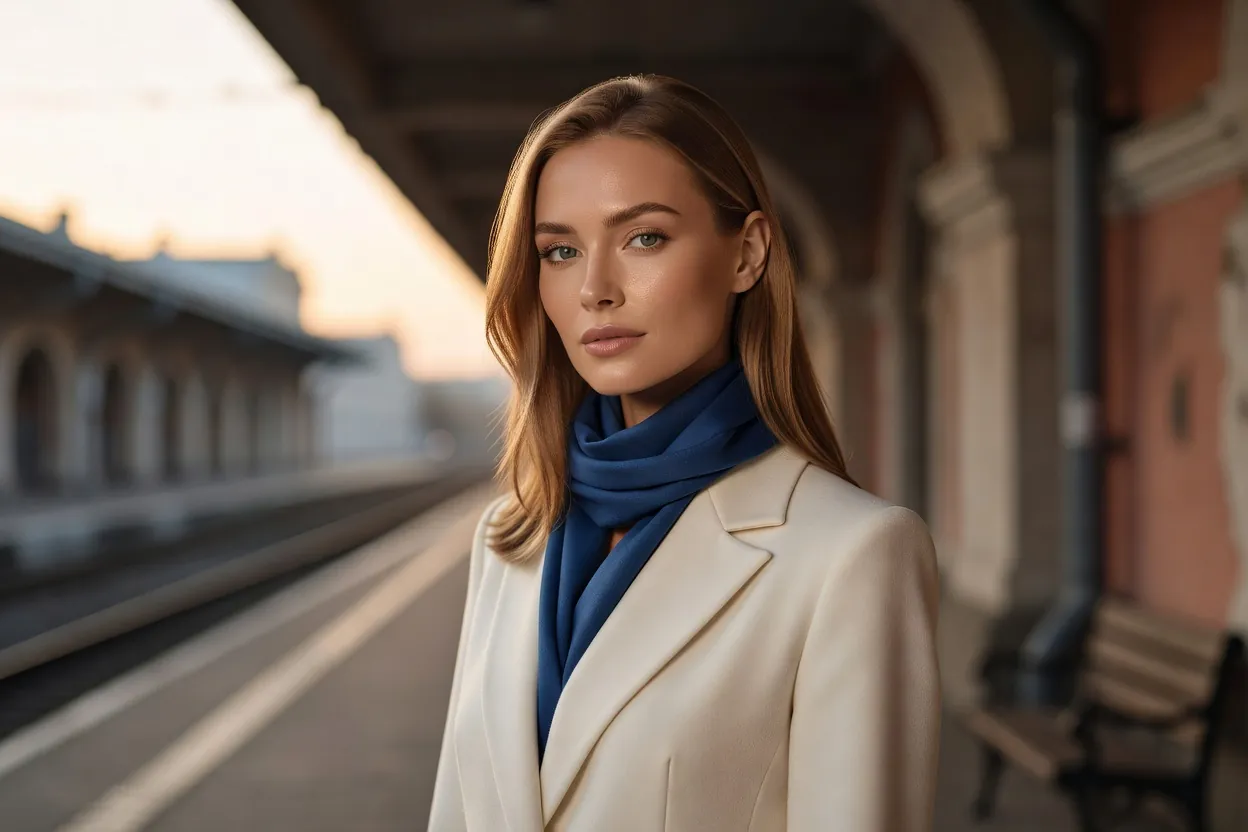 Une femme élégante, manteau clair et écharpe, sur le quai d'une gare ancienne d'une capitale baltique, à la lumière douce du matin