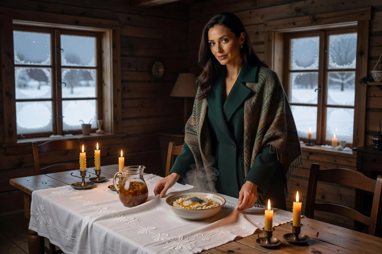 Une femme élégante dresse une table de fête à la lumière des bougies, avec du blé au miel et une compote de fruits secs