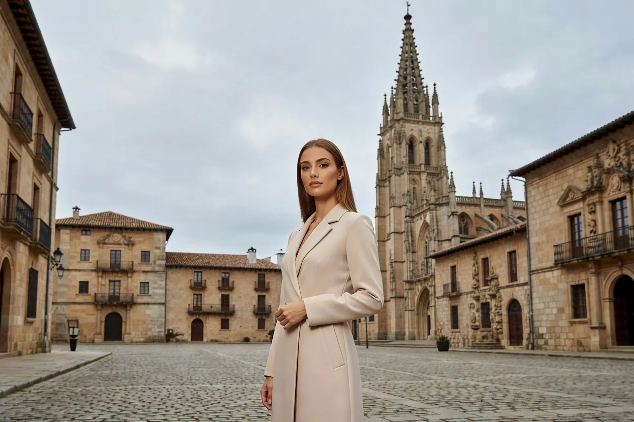 Une voyageuse élégante sur une place du centre ancien d'Oviedo, face à la cathédrale