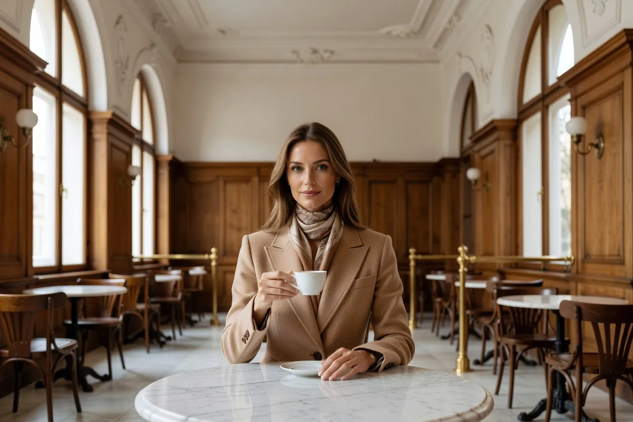 Une femme élégante attablée dans un café historique de Prague, une tasse de café à la main
