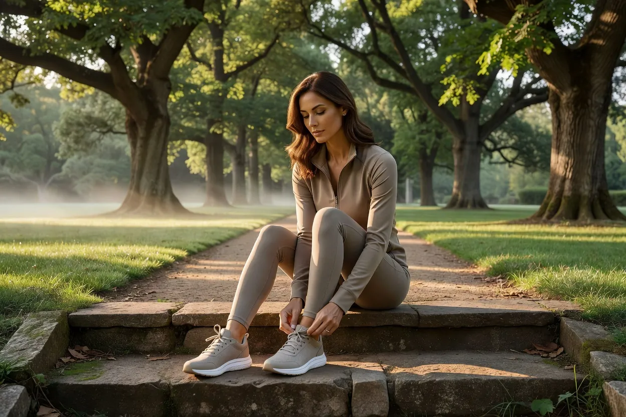 Une femme élégante en tenue de sport lace ses chaussures dans un parc au lever du jour
