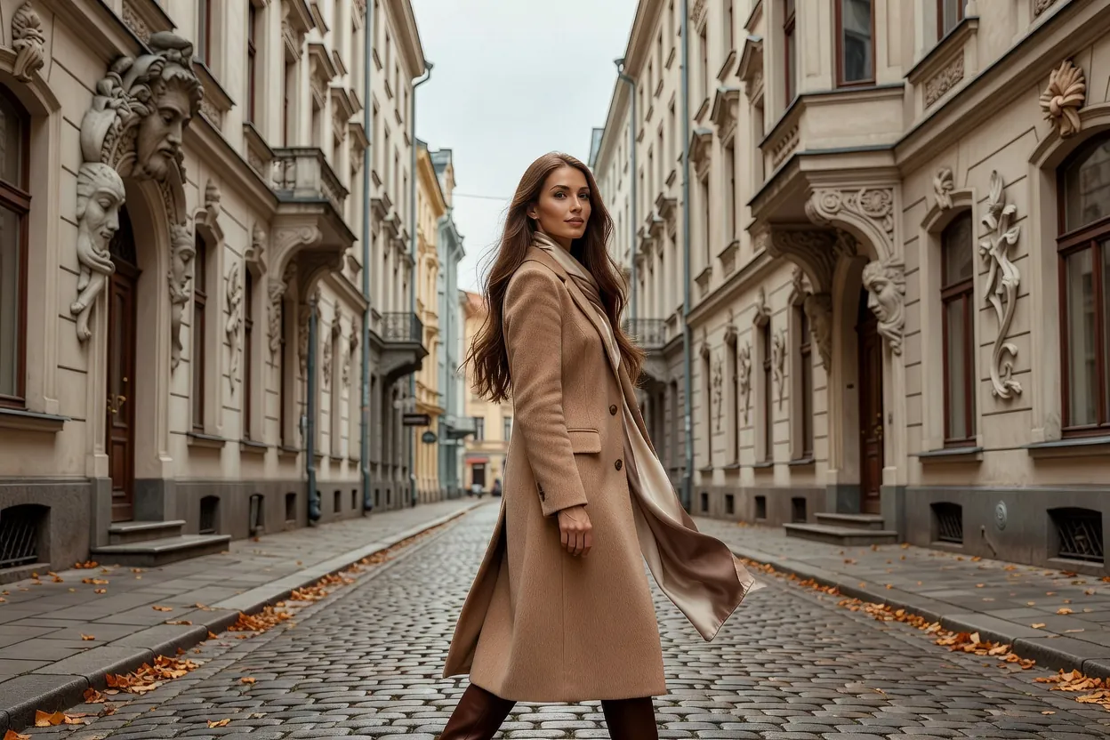 Une femme élégante marche dans une rue de Riga bordée d'immeubles Art nouveau aux façades sculptées.