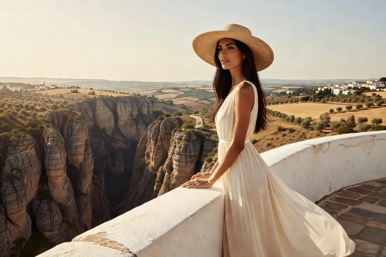 Une voyageuse élégante à un belvédère de Ronda, au-dessus de la gorge du Tajo