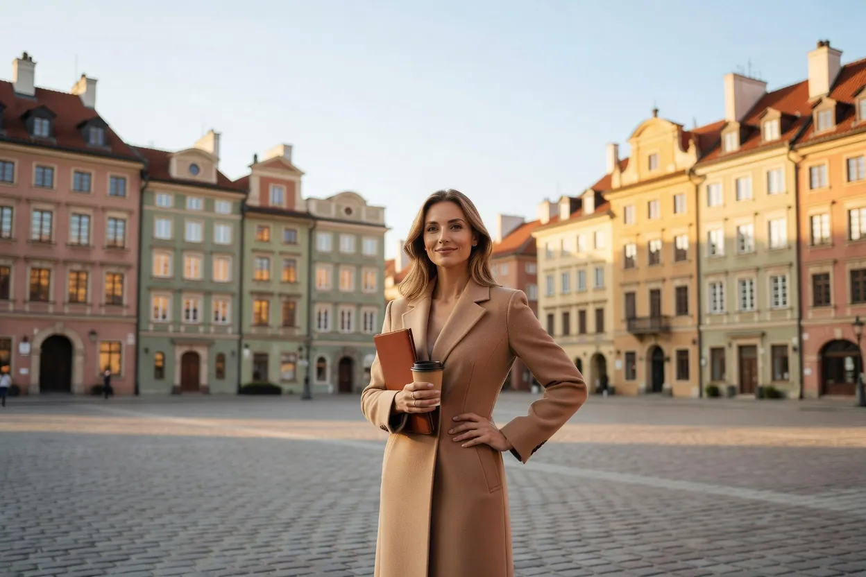 Une femme élégante en manteau camel sur une place de la vieille ville de Varsovie, un porte-documents en cuir à la main