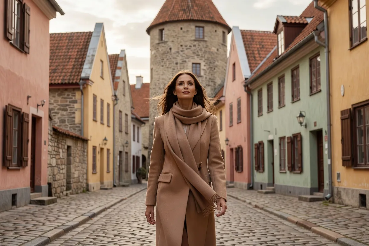 Une femme élégante en manteau camel marche dans une ruelle pavée de la vieille ville de Tallinn