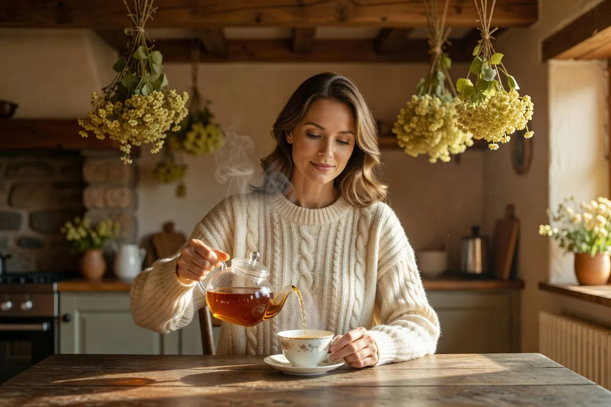 Une femme élégante verse une tisane dans une tasse en porcelaine, des fleurs de tilleul séchées derrière elle