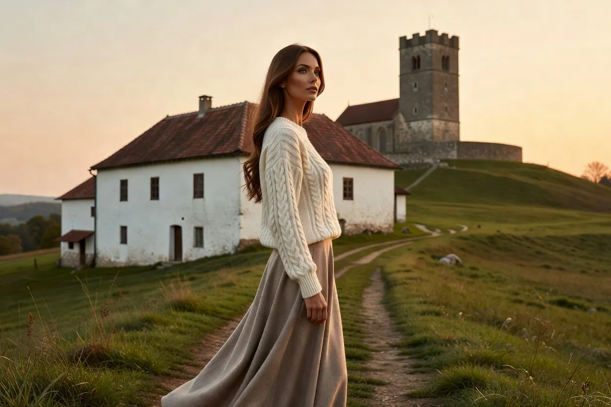 Une femme élégante sur un chemin herbeux devant une maison saxonne et une église fortifiée en hauteur